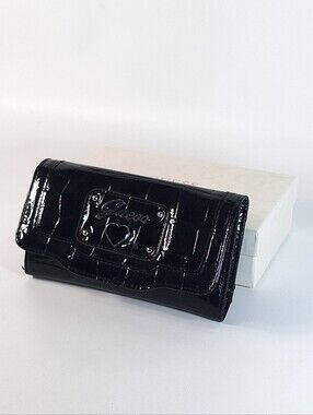 Guess Black Faux Leather Croc Embossed Long Wallet Card Holder Billfold Clutch